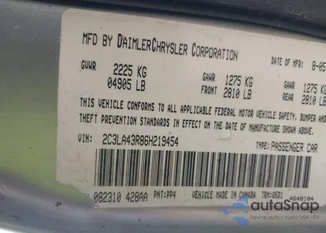 2006 Chrysler 300 z USA, uszkodzony, nr VIN 2C3LA43R86H219454